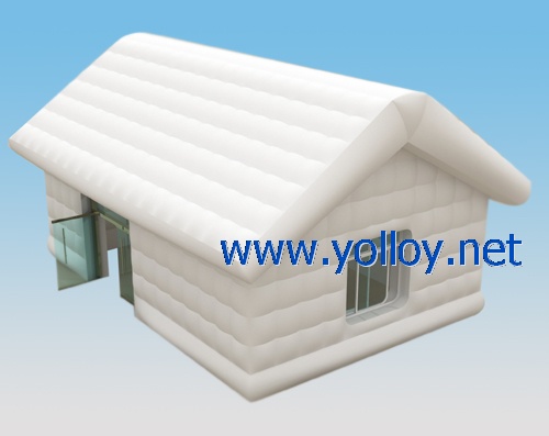 white inflatable log cabin house with door and window for party event