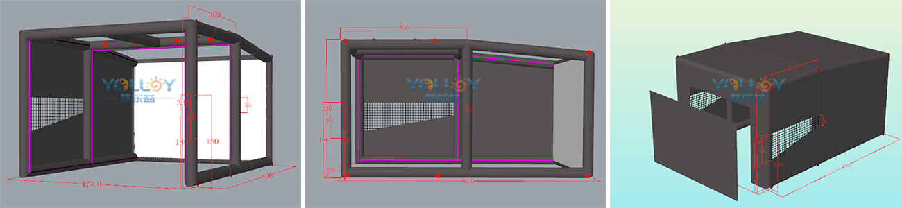 3D design drafts of portable inflatable golf simulator tent