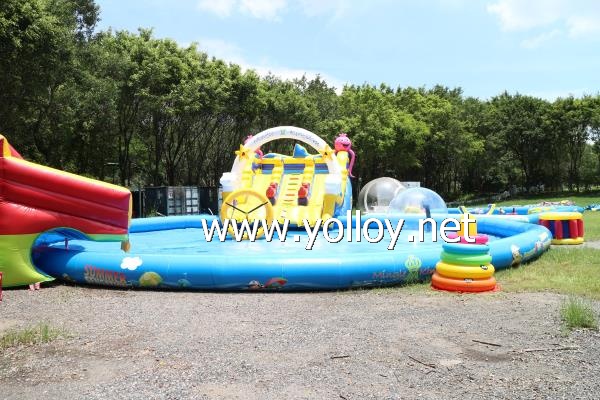 inflatable water park with slide and pool