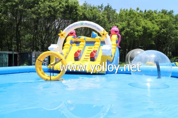 inflatable water park with slide and pool