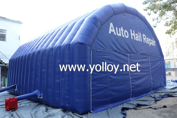 Blue inflatable auto hail repair tent