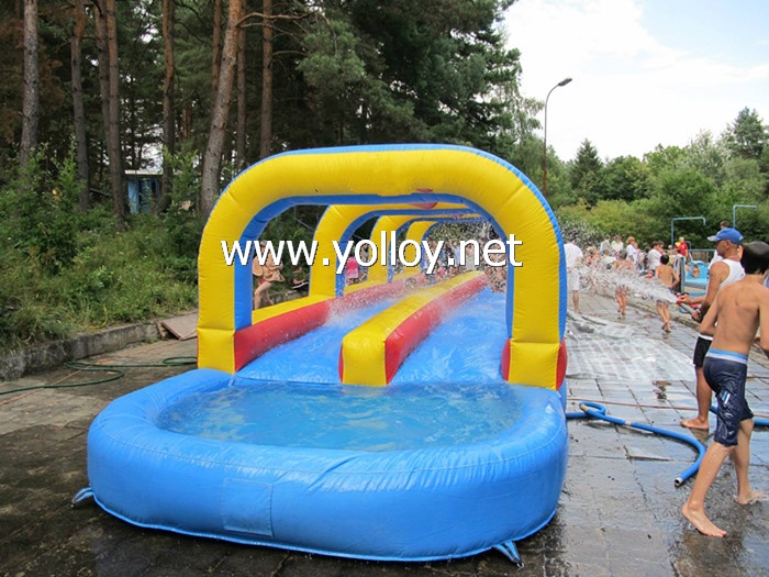 Double Lane Slip Inflatable Water City Slide With Pool