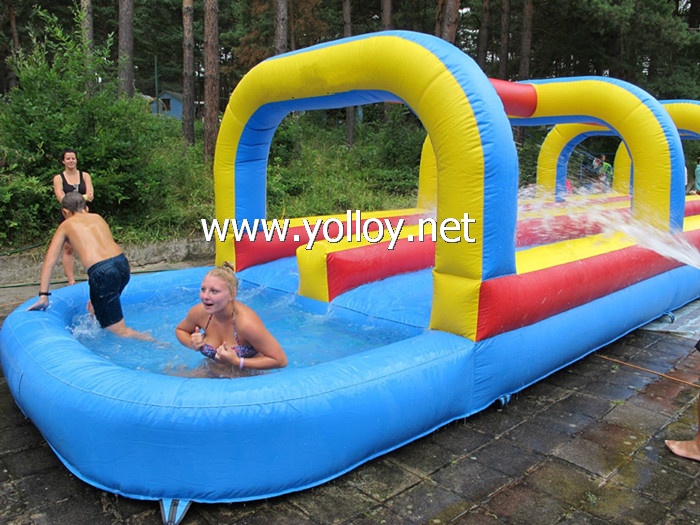 Double Lane Slip Inflatable Water City Slide With Pool