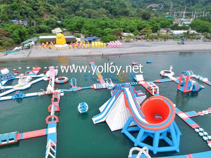 Giant inflatable waterpark on beach