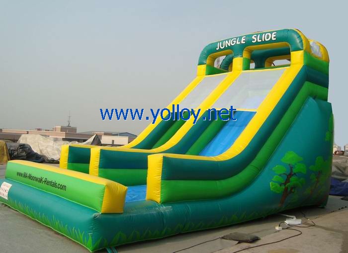 Green inflatable jungle slide for business rentals