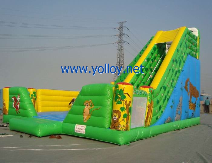 Green forest with animals inflatable slide combo