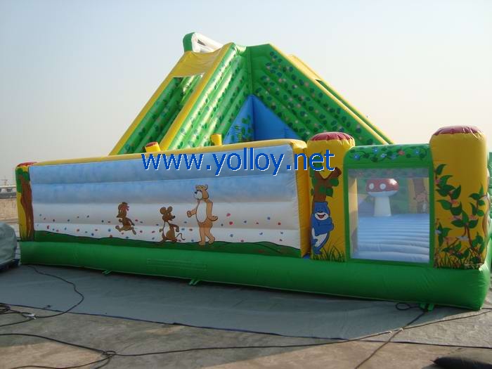 Green forest with animals inflatable slide combo