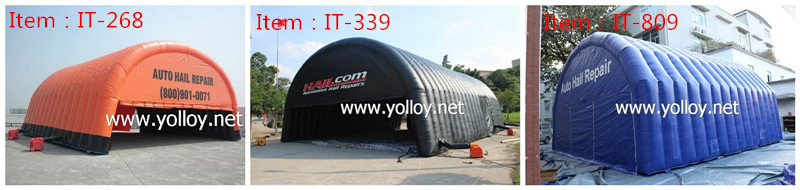 Blue inflatable auto hail repair tent