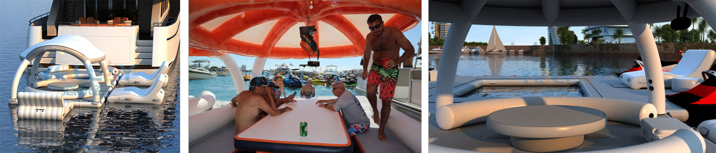 inflatable floating party platform with sun shelter