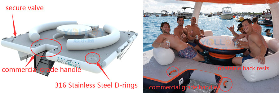 Details of inflatable floating party platform with sun shelter