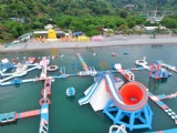 Giant inflatable waterpark on beach